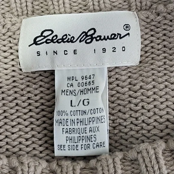 Vintage Eddie Bauer Sweater Men L Beige Crewneck Cotton Heavyweight Knit - Picture 2 of 12